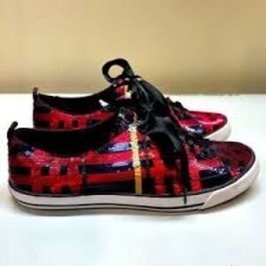 Coach,Willa Tartan Sequined 
Sneakers,UGA Bulldog Bling,Black/Red, EUC,Size 7B